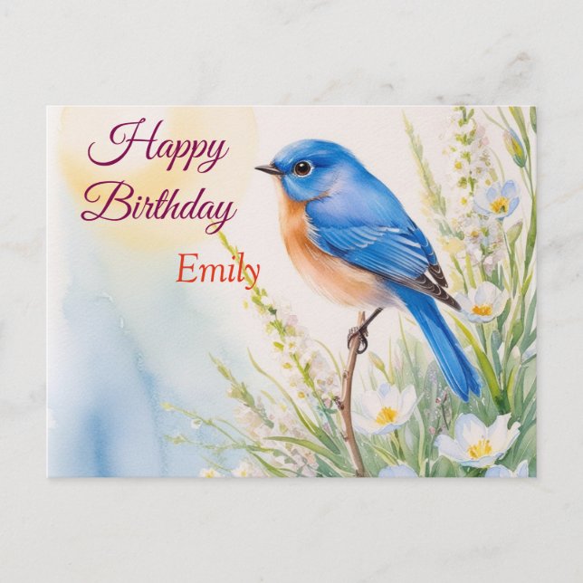 Personalised Blue Bird Flowers Watercolor birthday Postcard (Front)