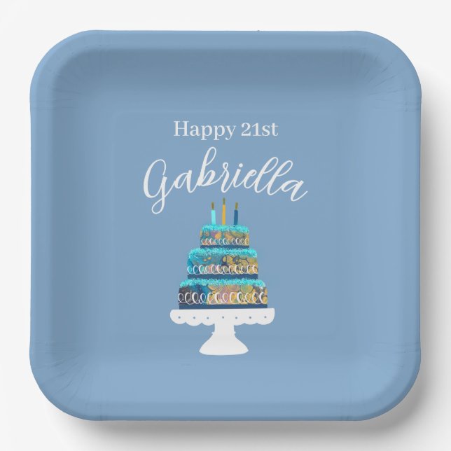 Personalised Blue Birthday Cake Paper Plate (Front)