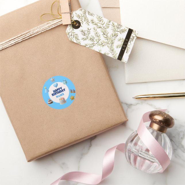 Personalised Blue Birthday Classic Round Sticker (Gifting)