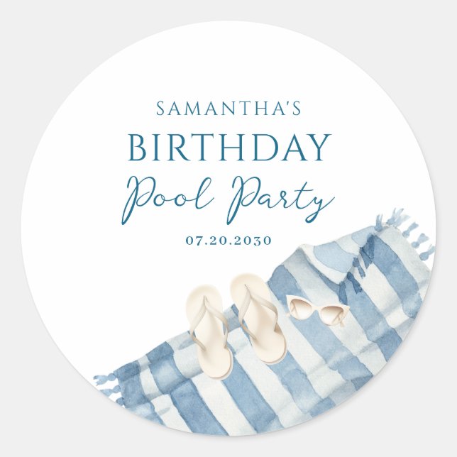 Personalised Blue Birthday Pool Party Classic Round Sticker (Front)