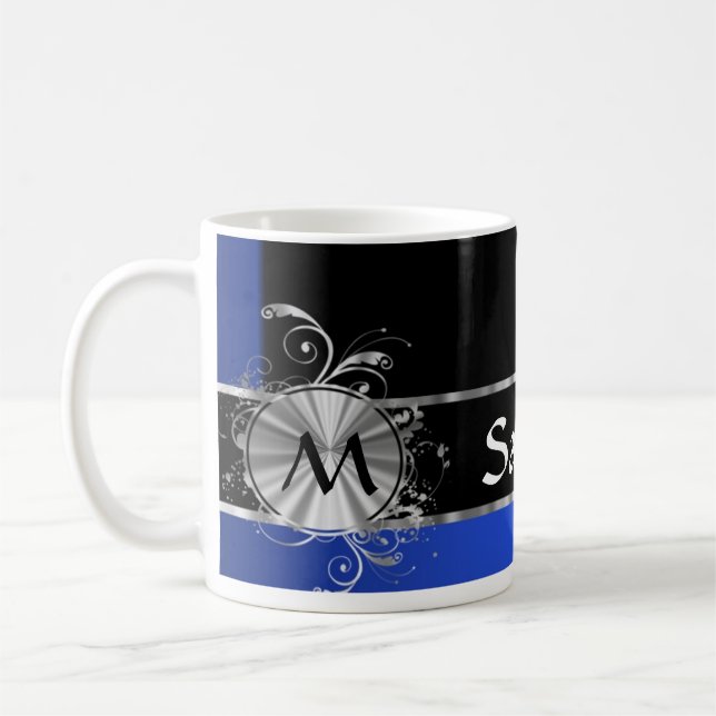 Personalised blue black and silver monogram coffee mug (Left)