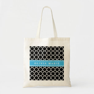 Personalised Blue Black Quatrefoil Pattern Tote Bag