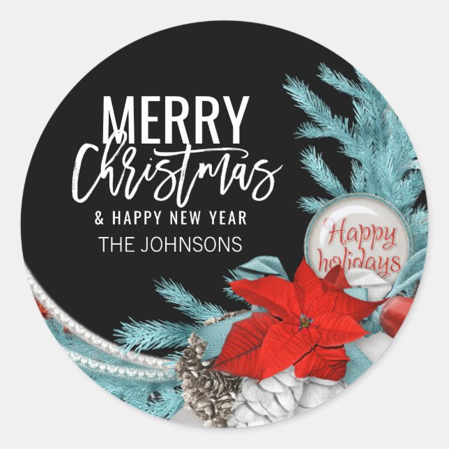 Personalised BLUE Black Red MERRY CHRISTMAS Classic Round Sticker (Front)