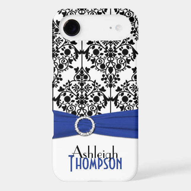 Personalised Blue, Black, White Damask Case-Mate iPhone Case (Back)
