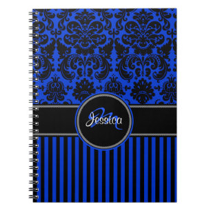 Personalised Blue Black White Striped Damask Spiral Notebook