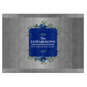 Personalised Blue Bloom: Metallic Silver Floral Cutting Board
