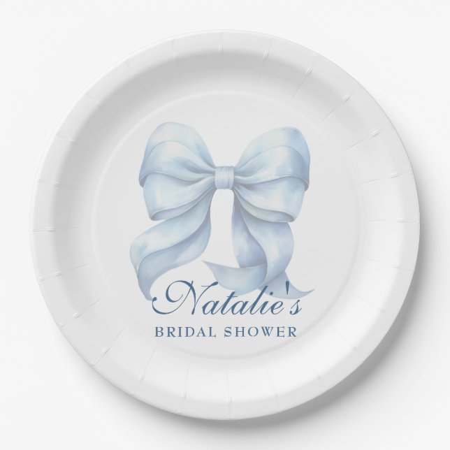 Personalised Blue Bow Bridal Shower Fancy Paper Plate (Front)