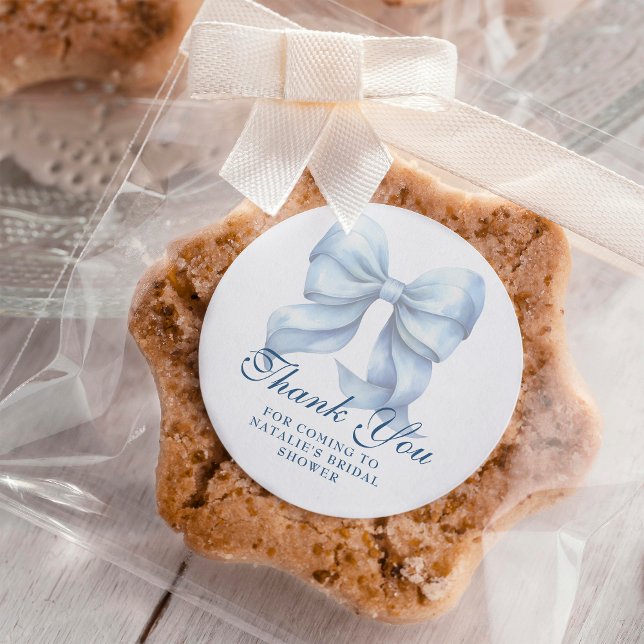 Personalised Blue Bow Bridal Shower Thank You Classic Round Sticker (Creator Uploaded)