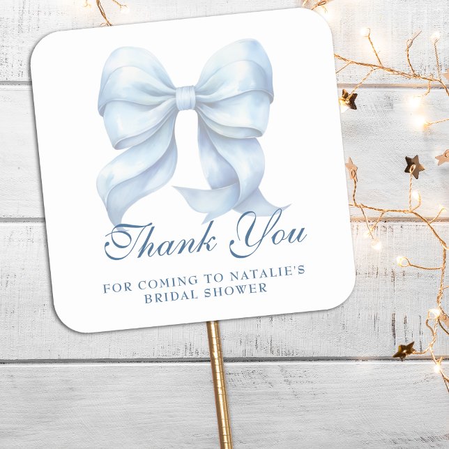 Personalised Blue Bow Bridal Shower Thank You Square Sticker (Creator Uploaded)