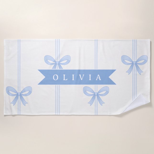 Personalised Blue Bow Coquette Name Aesthetic Beach Towel (Front)