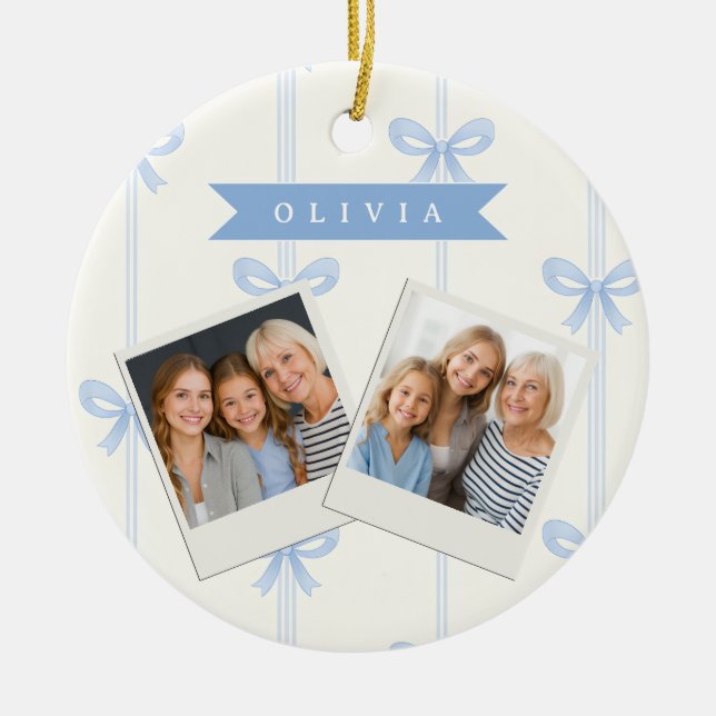 Personalised Blue Bow Coquette Name Aesthetic Ceramic Tree Decoration (Front)