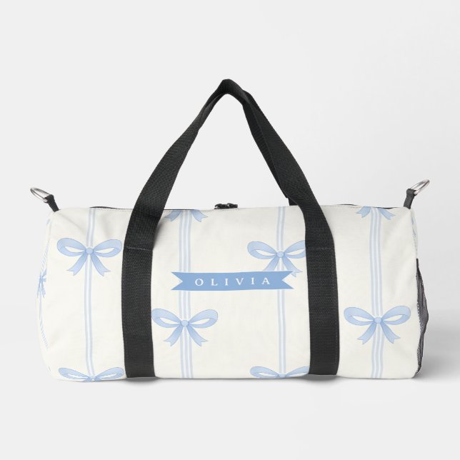 Personalised Blue Bow Coquette Name Aesthetic Duffle Bag (Front)