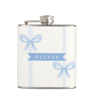 Personalised Blue Bow Coquette Name Aesthetic Hip Flask