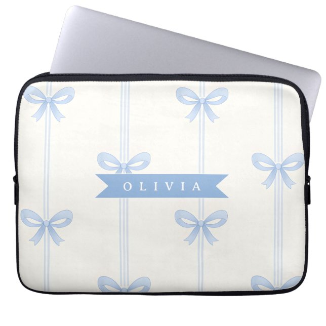 Personalised Blue Bow Coquette Name Aesthetic Laptop Sleeve (Front)