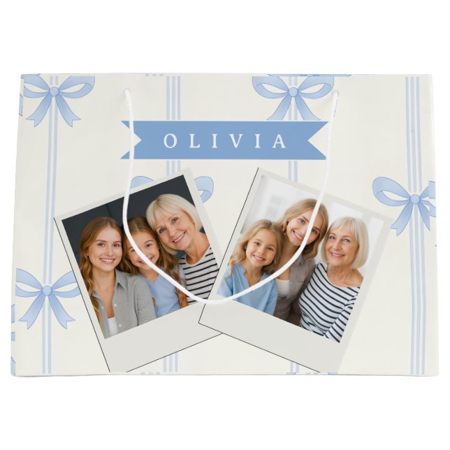Personalised Blue Bow Coquette Name Aesthetic Large Gift Bag (Front)