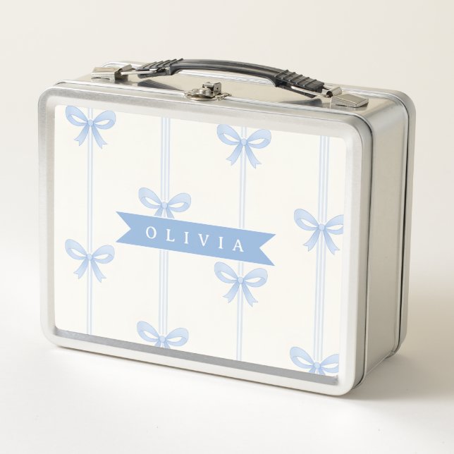 Personalised Blue Bow Coquette Name Aesthetic Metal Lunch Box (Front)