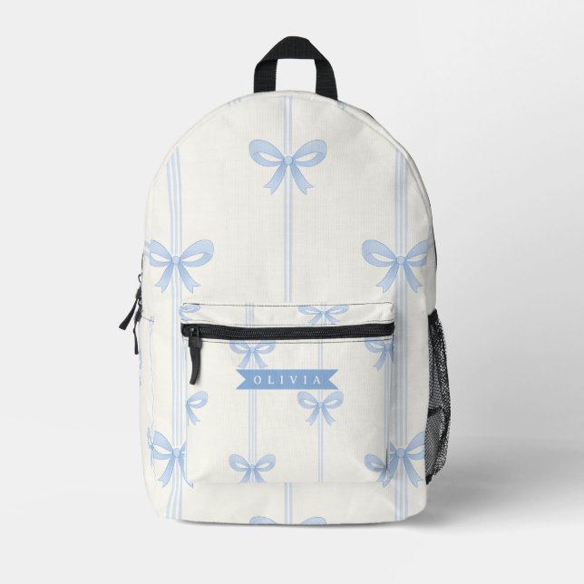 Personalised Blue Bow Coquette Name Aesthetic Printed Backpack (Front)