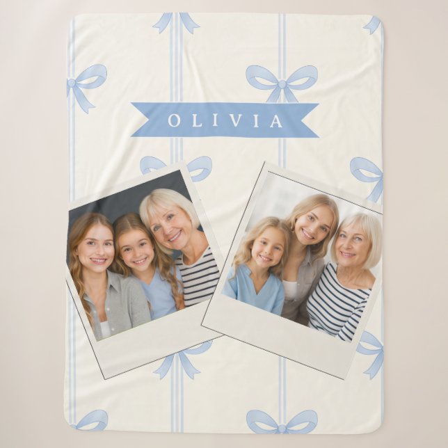 Personalised Blue Bow Coquette Name Aesthetic Sherpa Blanket (Front)