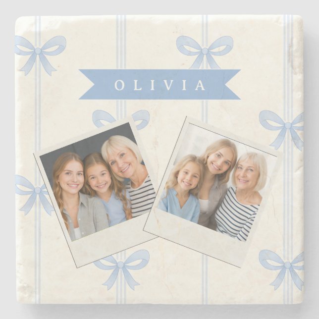 Personalised Blue Bow Coquette Name Aesthetic Stone Coaster (Front)