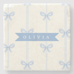 Personalised Blue Bow Coquette Name Aesthetic Stone Coaster