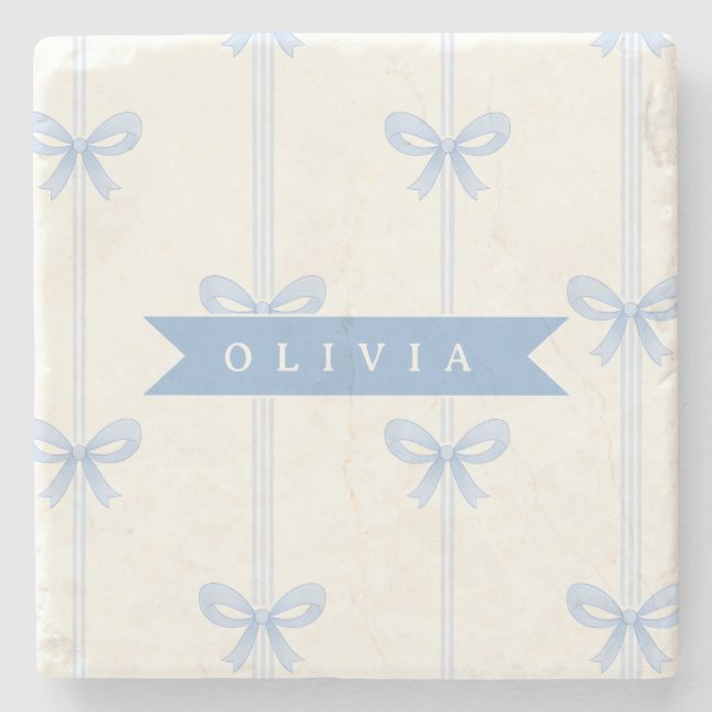 Personalised Blue Bow Coquette Name Aesthetic Stone Coaster (Front)