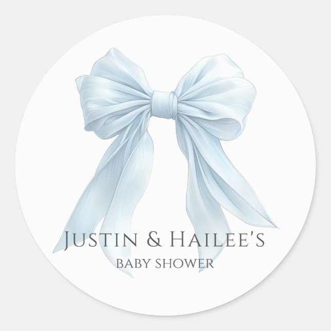 Personalised Blue Bow Girl Coquette Baby Shower Classic Round Sticker (Front)