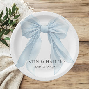 Personalised Blue Bow Girl Coquette Baby Shower Paper Plate