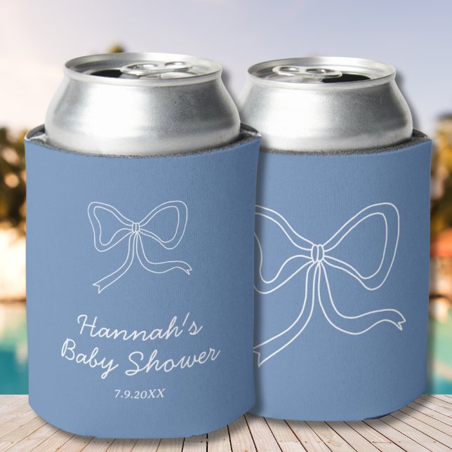 Personalised Blue Bow Ribbon Baby Shower Favour Can Cooler (Personalized Blue Bow Ribbon Baby Shower Favor Can Cooler)