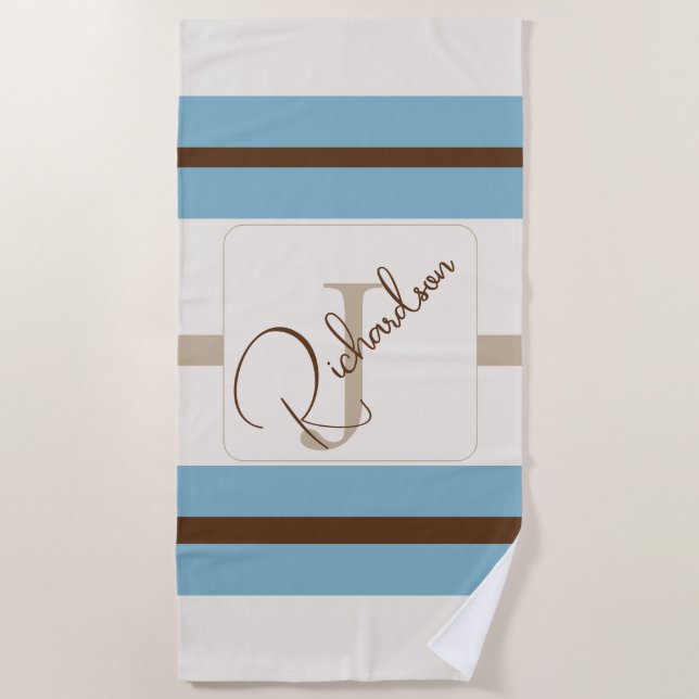 Personalised Blue Brown Stripe Monogram Coastal  Beach Towel (Front)