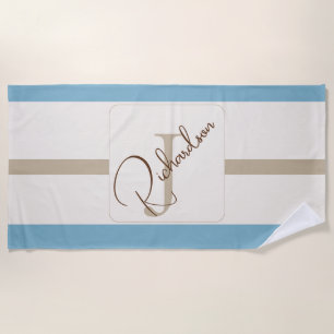Personalised Blue Brown Stripe Monogram Coastal Beach Towel