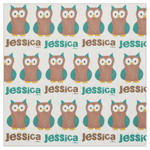 Personalised Blue Brown Wise Old Owl Bird Print Fabric