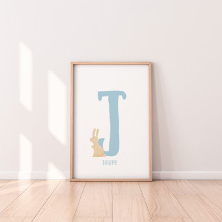 Personalised Blue Bunny Initial Nursery Print