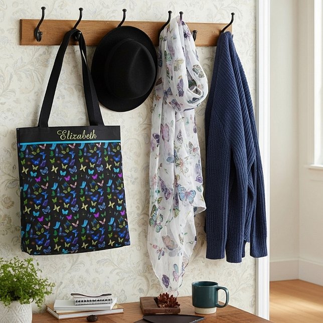 Personalised Blue butterflies on black Tote Bag (Creator Uploaded)