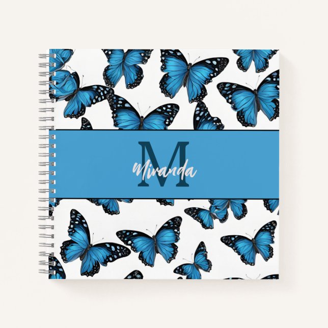Personalised Blue Butterfly Monogram Sketchbook Notebook (Front)