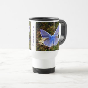 Personalised Blue Butterfly on White Flower Travel Mug
