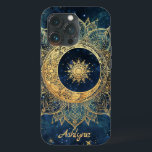Personalised Blue Celestial Gold Sun Moon Mandala  iPhone 13 Pro Case<br><div class="desc">Personalised Blue Celestial Gold Sun Moon Mandala iPhone 13 Case Add your name or the name of the person you are gifting to this gorgeous phone case! This trendy navy blue, backdrop watercolor design features a metallic gold mandala in the shape of a flower style sun with a small sun...</div>