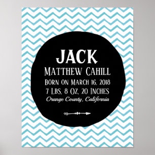 Personalised blue chevron birth poster print