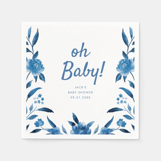 Personalised blue Chinoiserie floral baby shower Napkin (Front)
