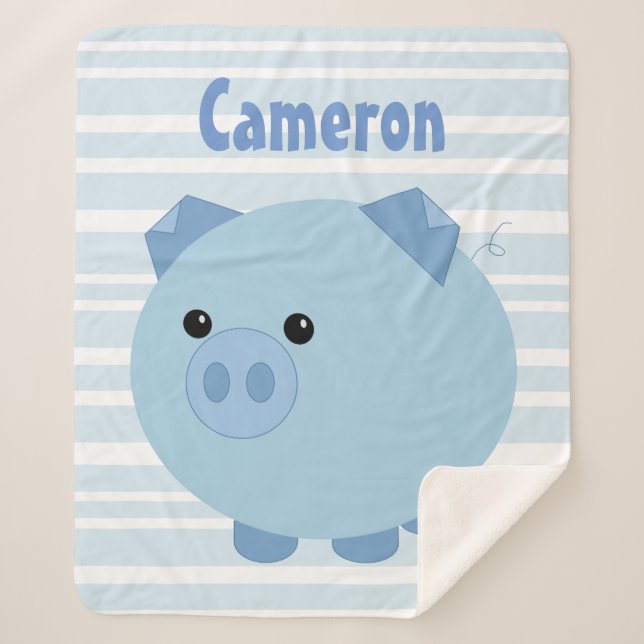 Personalised Blue Chubby Pig Sherpa Blanket (Front)