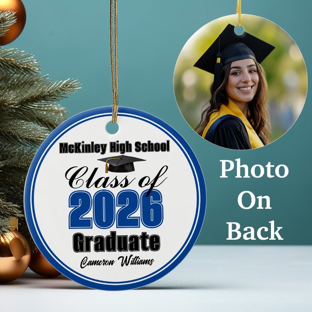 Personalised Blue Class of 2026 Graduation Photo Ceramic Tree Decoration (Creator Uploaded)