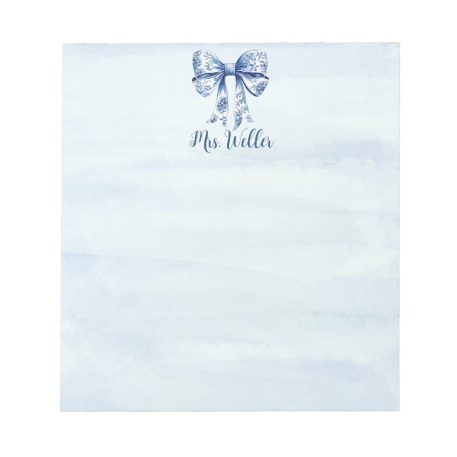 Personalised Blue Coquette Bow New Teacher Notepad (Front)