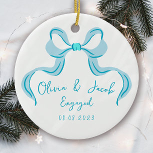 Personalised Blue Coquette Bow Photo Engaged Ceramic Tree Decoration