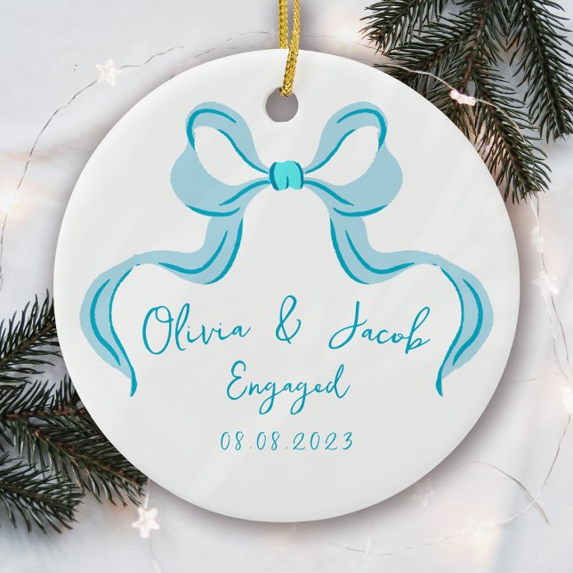Personalised Blue Coquette Bow Photo Engaged Ceramic Tree Decoration (Creator Uploaded)