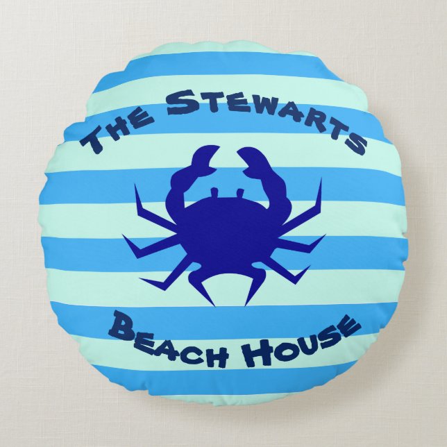 Personalised Blue Crab Round Beach House Pillow (Front)