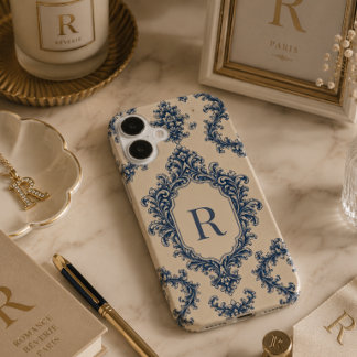 Personalised Blue Damask Monogram iPhone 16 Case