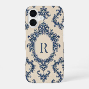 Personalised Blue Damask Monogram iPhone 16 Case