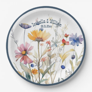 Personalised Blue Denim Fall Wildflowers Wedding Paper Plate
