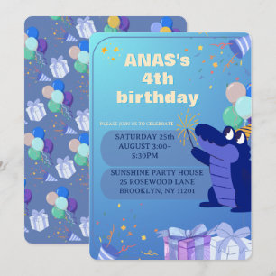 Personalised Blue Dinosaur 4th Birthday Invitation