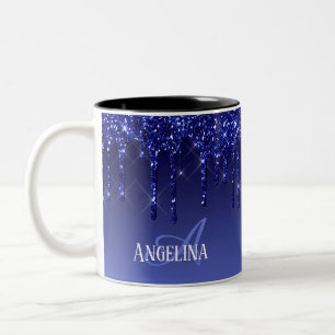 Personalised Blue Dripping Glitter Two-Tone Coffee Mug