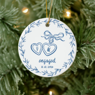 Personalised Blue Engaged Couple Announcement Ceramic Tree Decoration